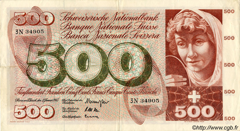 500 Francs SUISSE  1965 P.51d VF+