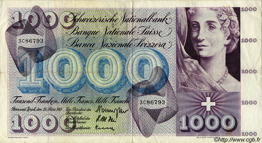 1000 Francs SUISSE  1963 P.52f VF