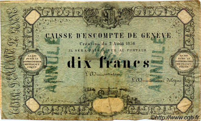 10 Francs Annulé SUISSE  1856 PS.311 q.MB