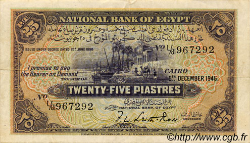 25 Piastres EGYPT  1946 P.010d VF