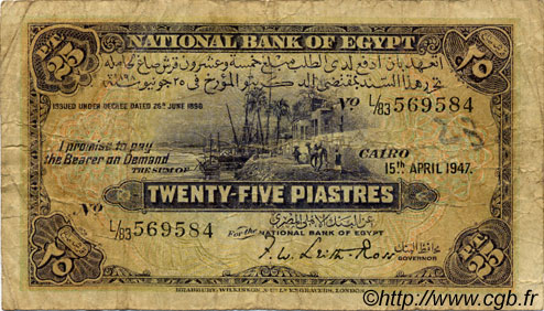 25 Piastres EGITTO  1947 P.010d q.MB