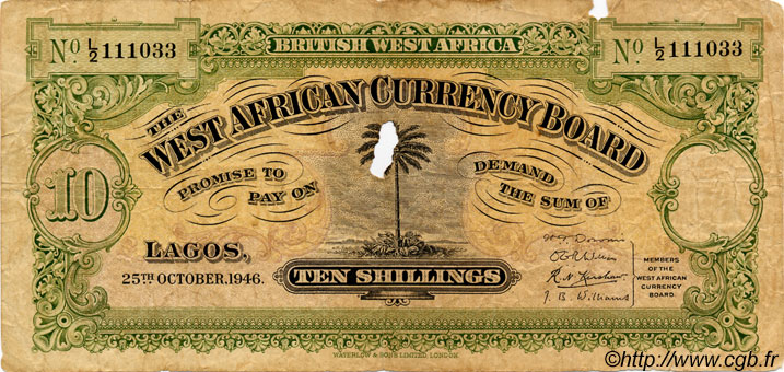 10 Shillings AFRICA DI L OVEST BRITANNICA  1946 P.07b q.MB