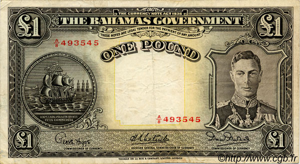 1 Pound BAHAMAS  1936 P.11e BC+