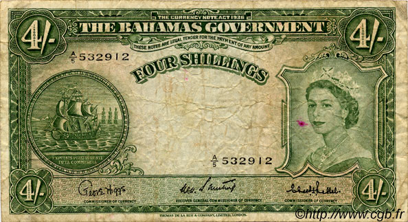 4 Shillings BAHAMAS  1953 P.13c BC