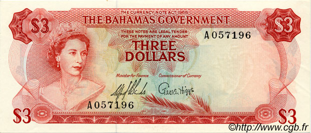 3 Dollars BAHAMAS  1965 P.19a q.FDC