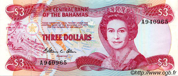 3 Dollars BAHAMAS  1984 P.44a SPL+