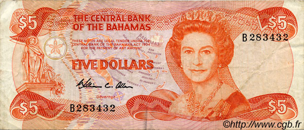 5 Dollars BAHAMAS  1984 P.45a q.BB