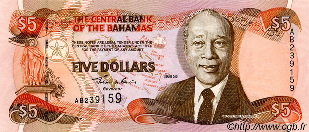 5 Dollars BAHAMAS  2001 P.63b ST