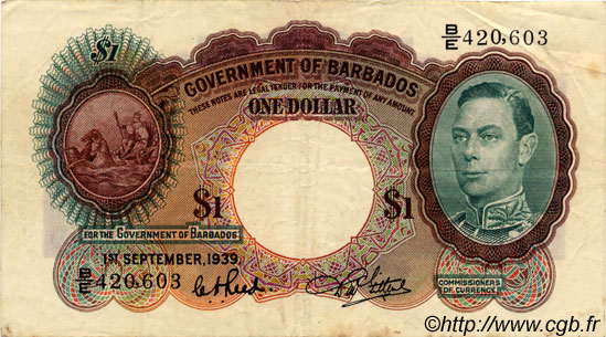 1 Dollar BARBADOS  1939 P.02b SS