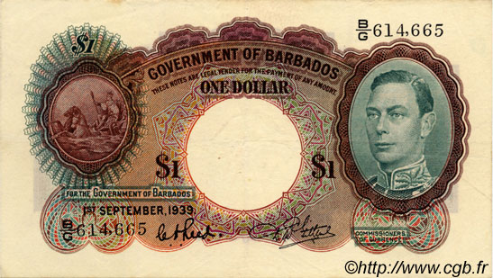 1 Dollar BARBADOS  1939 P.02b VF+