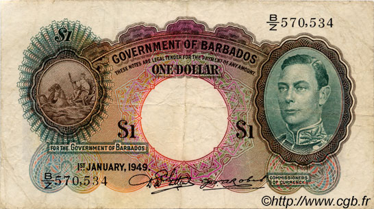1 Dollar BARBADOS  1949 P.02c fSS