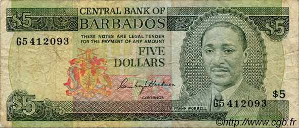 5 Dollars BARBADOS  1975 P.32a MB