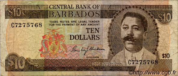 10 Dollars BARBADOS  1973 P.33a MB
