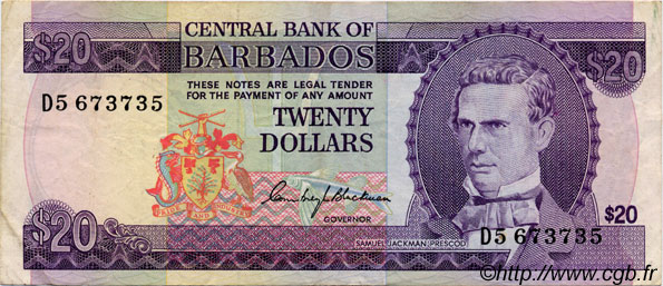 20 Dollars BARBADOS  1973 P.34 VF