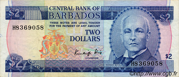 2 Dollars BARBADOS  1986 P.36 MBC+