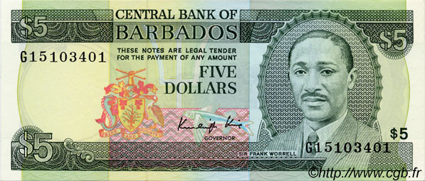 5 Dollars BARBADOS  1986 P.37 ST