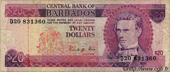 20 Dollars BARBADOS  1988 P.39 q.MB