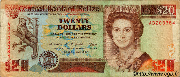 20 Dollars BELIZE  1990 P.55 VG