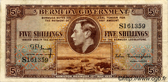 5 Shillings BERMUDES  1937 P.08a TB