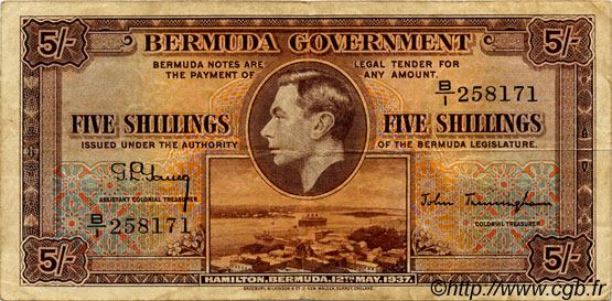 5 Shillings BERMUDA  1937 P.08b F - VF
