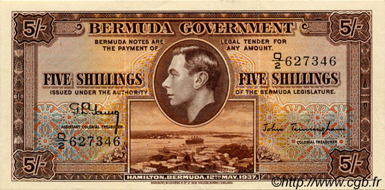 5 Shillings BERMUDA  1937 P.08b XF