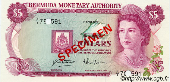 5 Dollars Spécimen BERMUDAS  1978 P.29s FDC