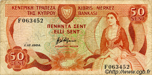 50 Cents CYPRUS  1984 P.49 F+