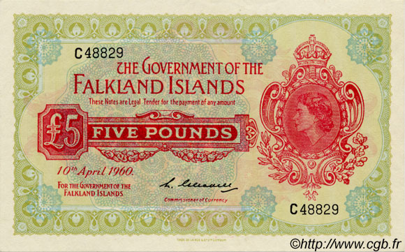 5 Pounds ISLAS MALVINAS  1960 P.09a FDC