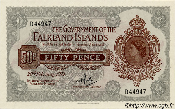 50 Pence ISOLE FALKLAND  1974 P.10b q.FDC