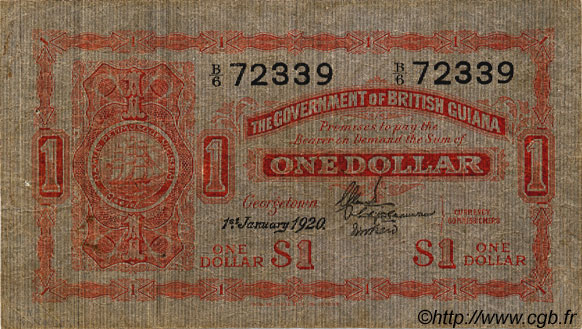 1 Dollar GUYANA  1920 P.01A q.BB a BB