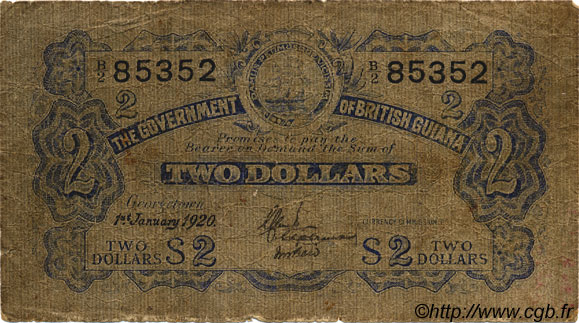 2 Dollars GUYANA  1920 P.02A BC