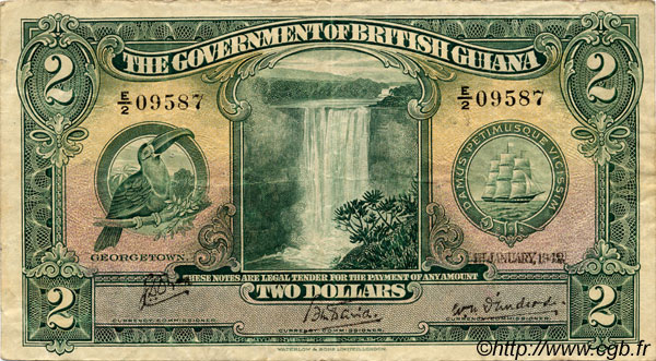 2 Dollars GUYANA  1942 P.13c BC+