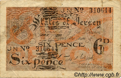 6 pence JERSEY  1941 P.01a F+