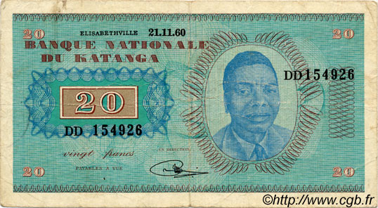 20 Francs KATANGA  1960 P.06a TB