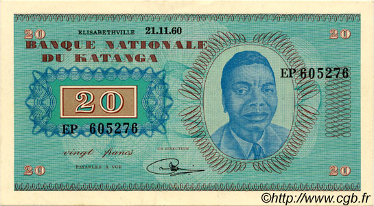 20 Francs KATANGA  1960 P.06a XF+