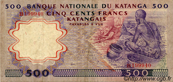 500 Francs KATANGA  1962 P.13a TTB