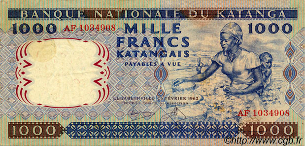 1000 Francs KATANGA  1962 P.14a VF