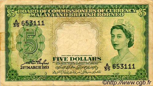 5 Dollars MALAYA y BRITISH BORNEO  1953 P.02a BC+