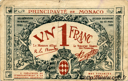 1 Franc MONACO  1920 P.05 F - VF
