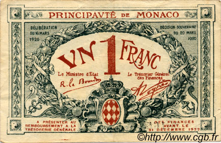 1 Franc MONACO  1920 P.05 q.SPL
