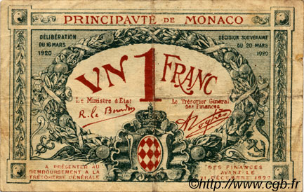 1 Franc MONACO  1920 P.05 BC+