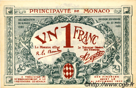1 Franc Spécimen MONACO  1920 P.05rs fST+