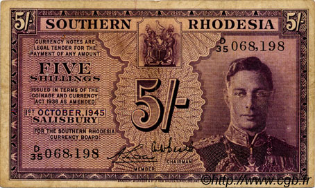 5 Shillings SÜDRHODESIEN  1945 P.08Aa S