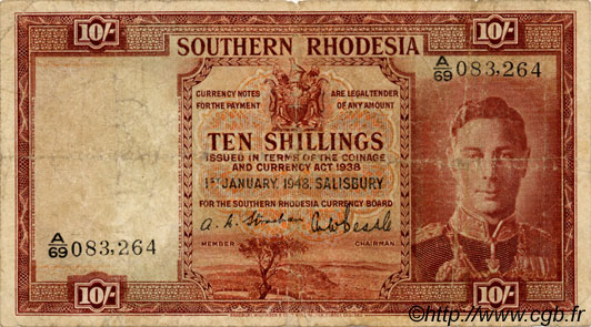 10 Shillings SÜDRHODESIEN  1948 P.09d SGE