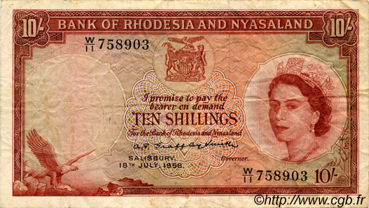 10 Shillings RHODESIA AND NYASALAND (Federation of)  1958 P.20a F+