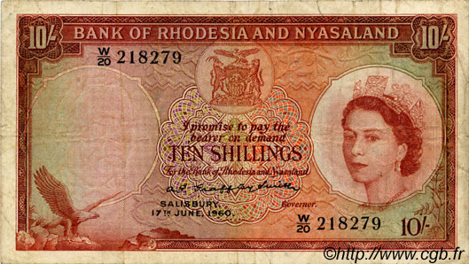10 Shillings RHODESIA AND NYASALAND (Federation of)  1958 P.20a F
