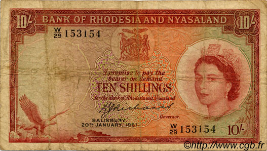 10 Shillings RHODESIA AND NYASALAND (Federation of)  1961 P.20b VG