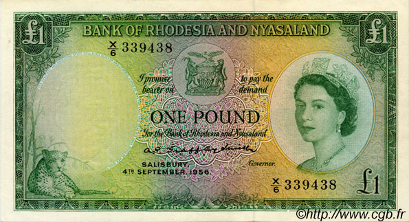 1 Pound RHODESIA AND NYASALAND (Federation of)  1956 P.21a XF-