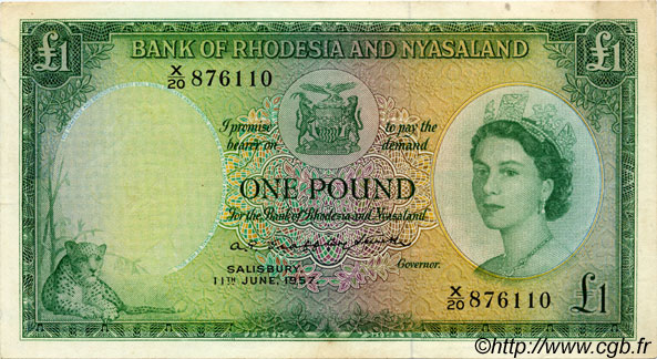 1 Pound RHODESIA AND NYASALAND (Federation of)  1957 P.21a VF+