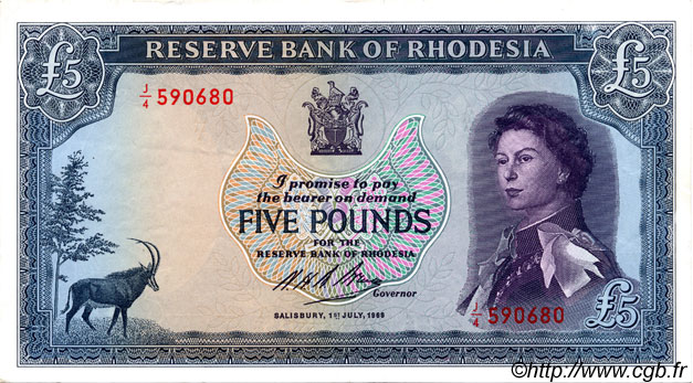5 Pounds RHODESIA  1966 P.29a q.SPL